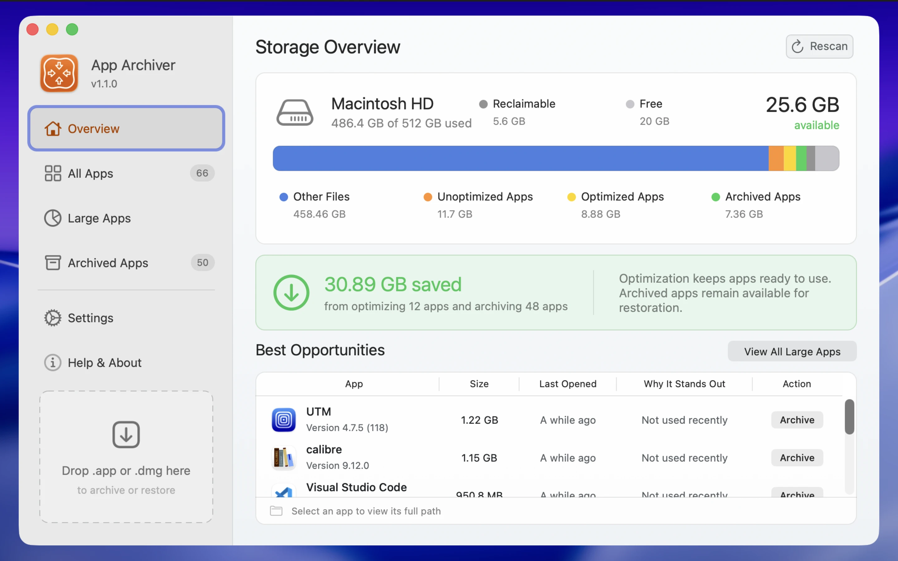 App Archiver's Storage Overview showing disk usage, saved space, and suggested apps to archive