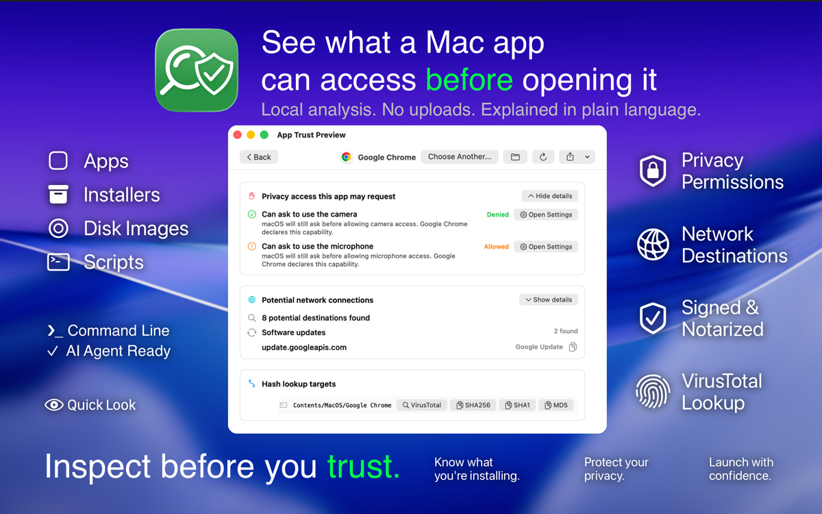 App Trust Preview report explaining privacy access and network declarations