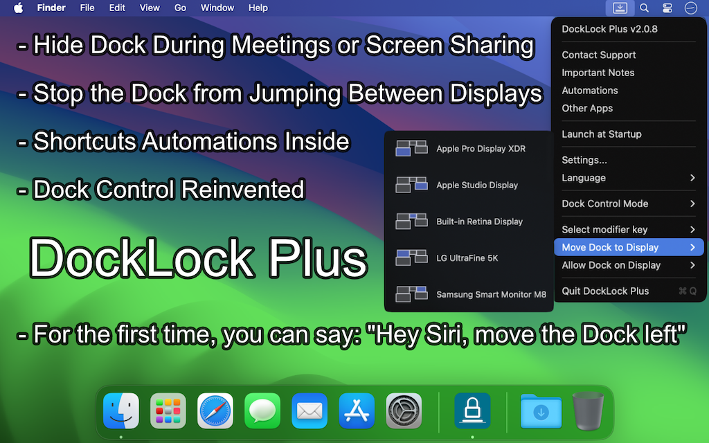 DockLock Pro controls for keeping the Mac Dock on the intended display