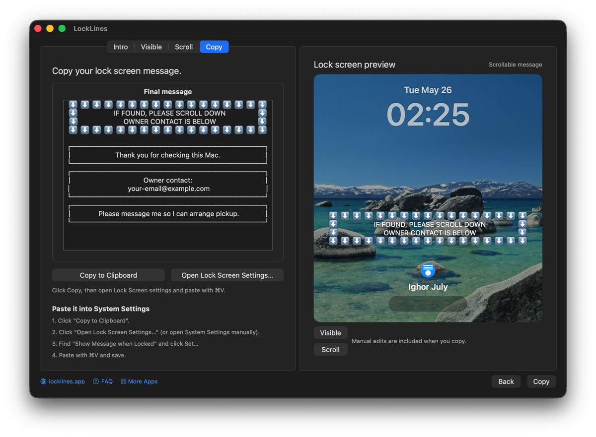 LockLines message editor and Mac lock screen preview