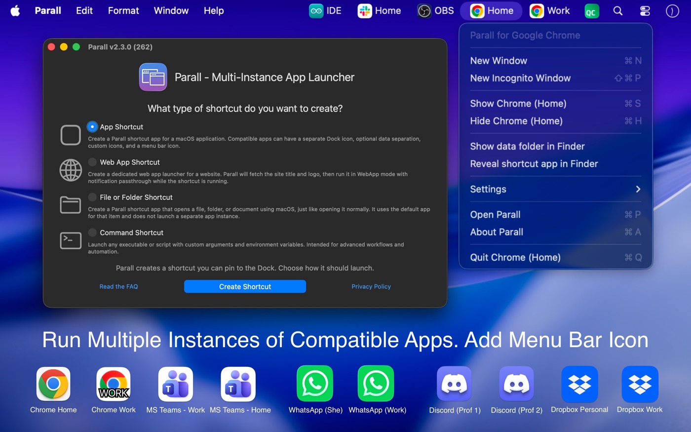 Parall app and menu bar controls for separate Mac app instances