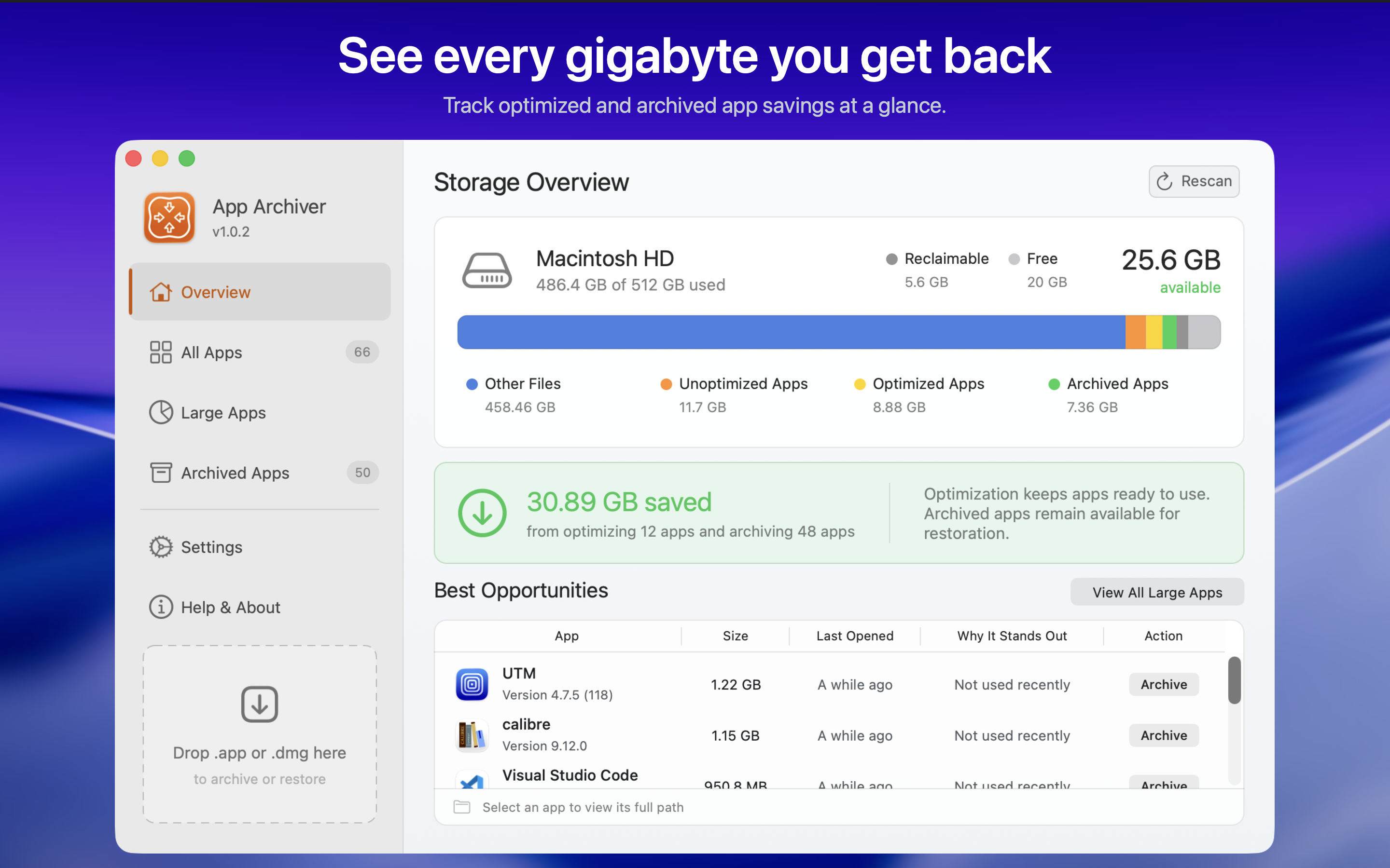 App Archiver Storage Overview tracking optimized and archived app savings