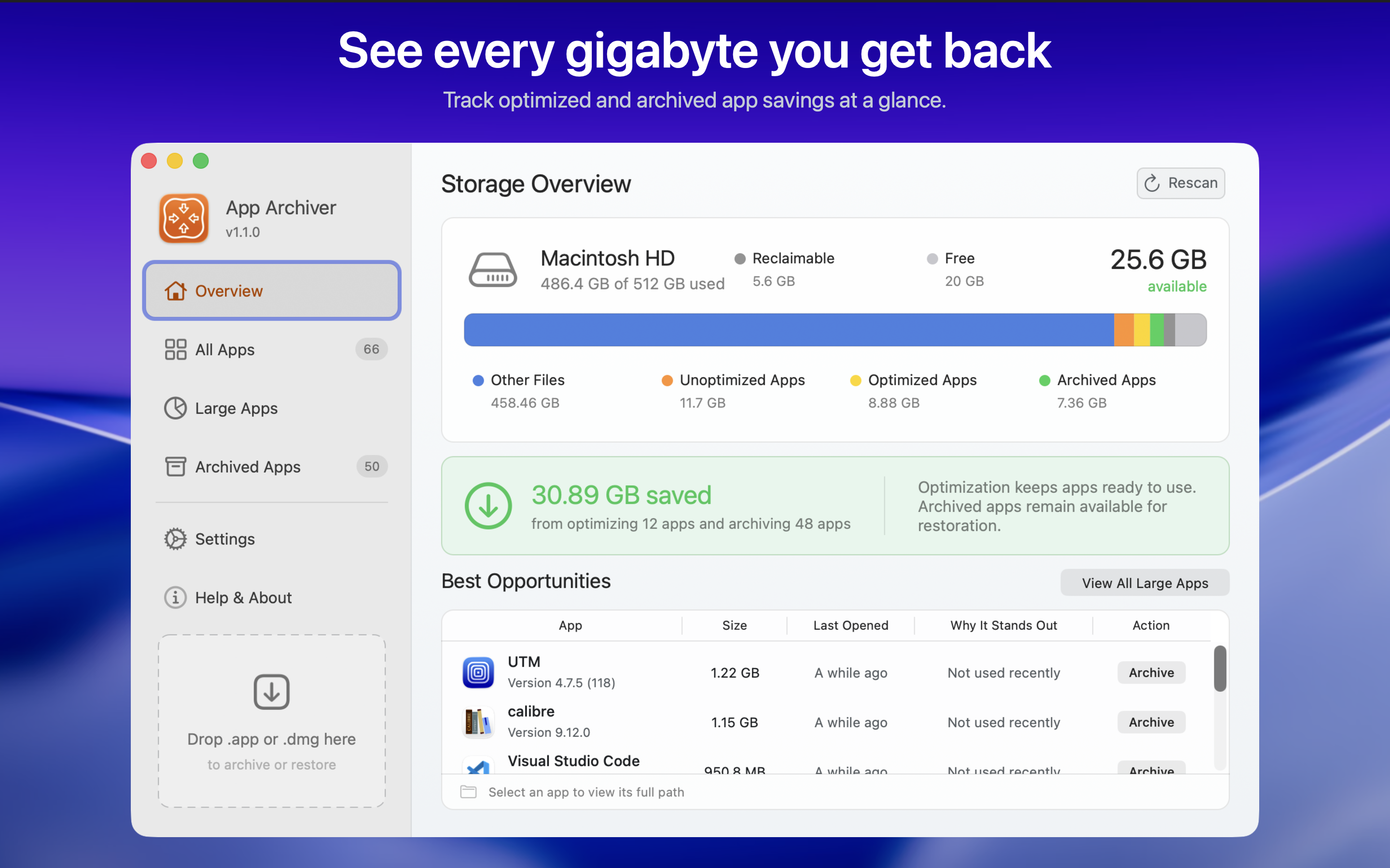 App Archiver Storage Overview tracking optimized and archived app savings