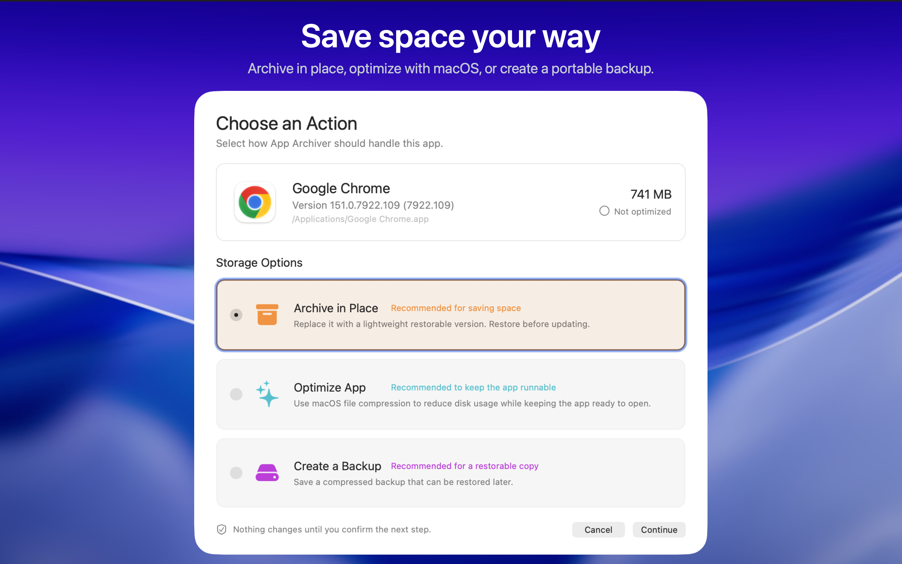 App Archiver action chooser with Archive in Place, Optimize App, and Create a Backup options