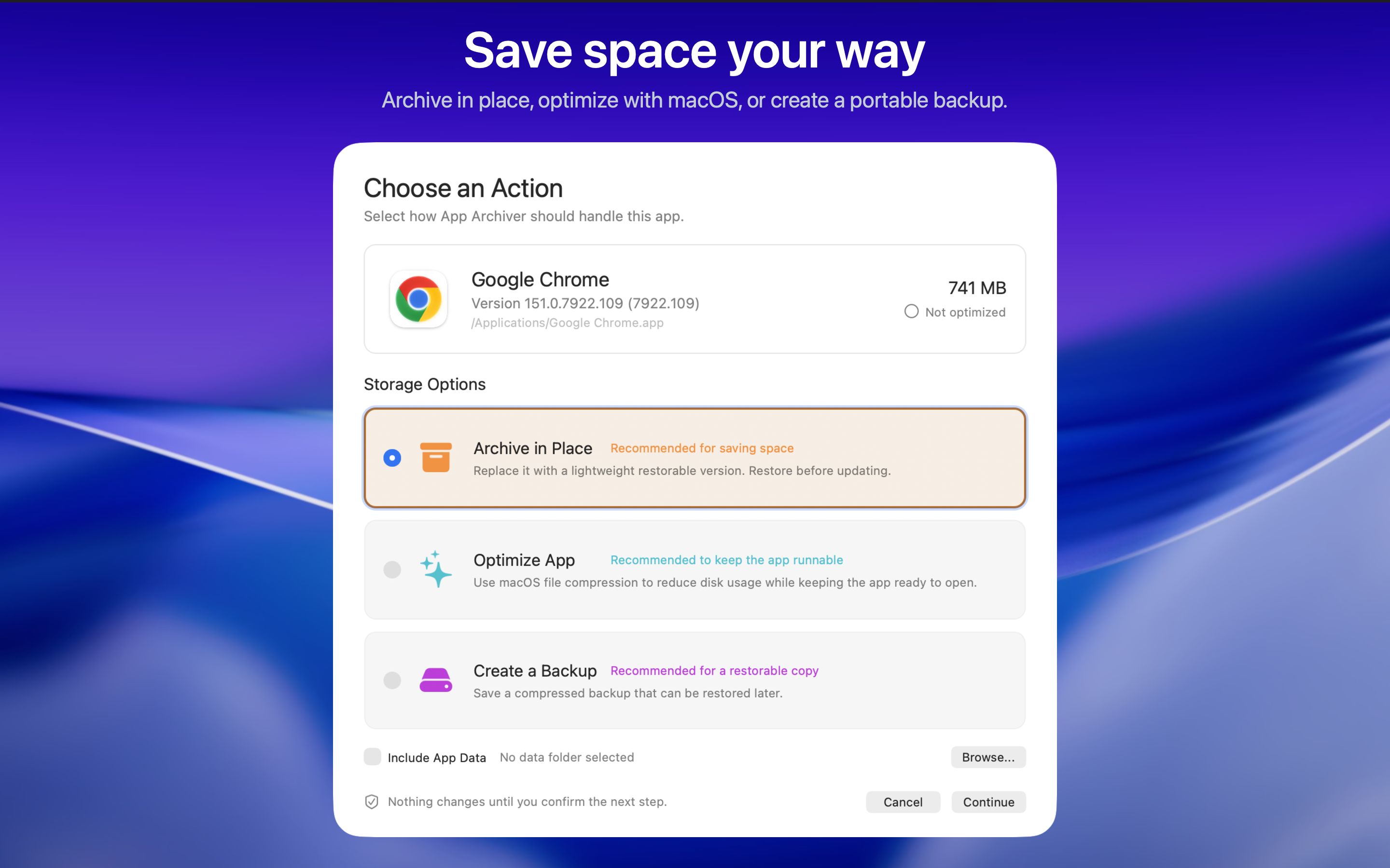 App Archiver action chooser with Archive in Place, Optimize App, and Create a Backup options