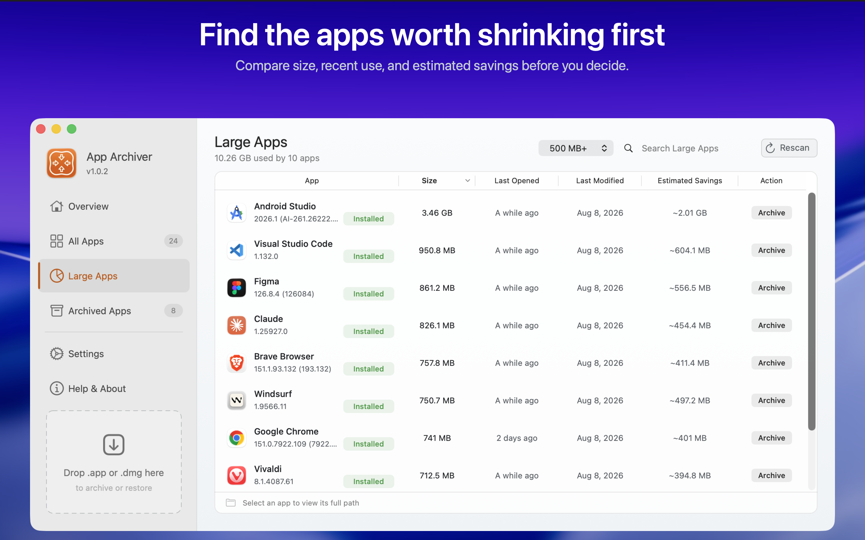 Large Apps list comparing size, recent use, and estimated savings