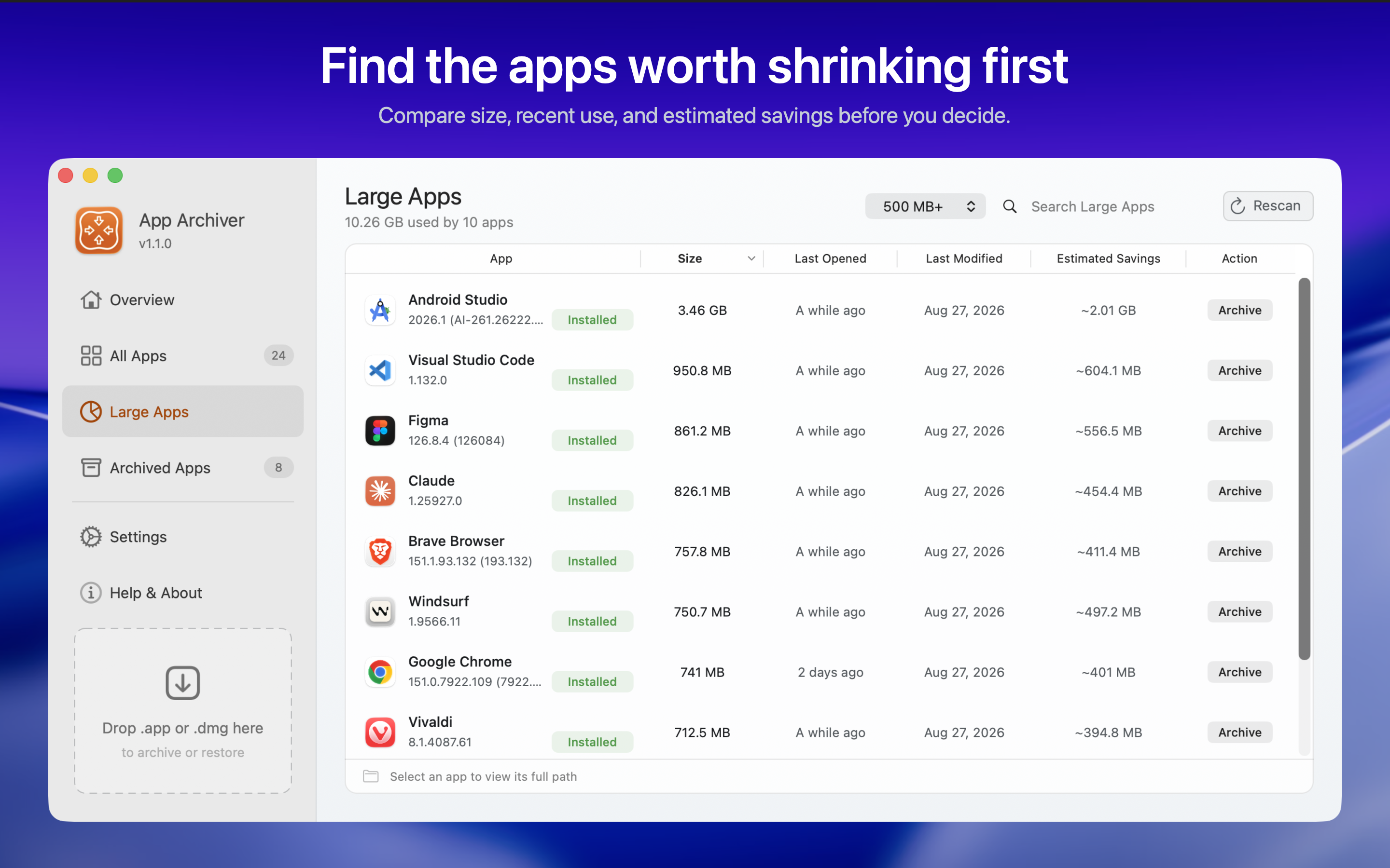 Large Apps list comparing size, recent use, and estimated savings