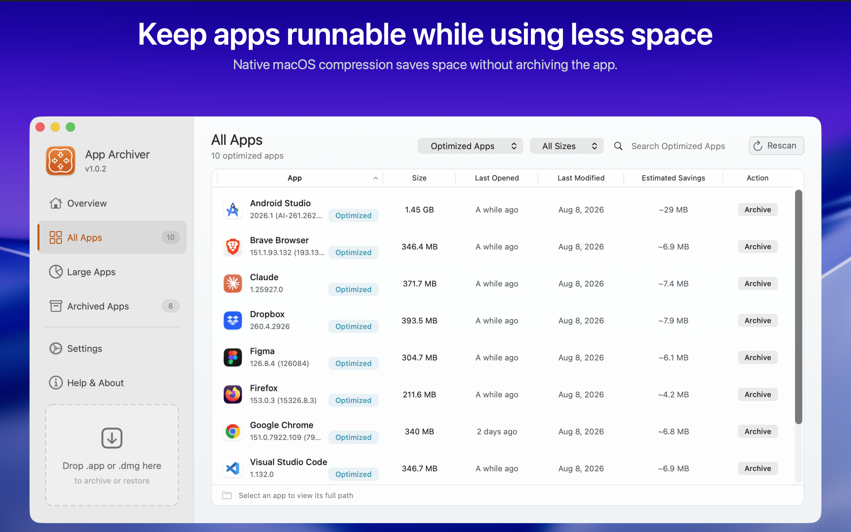 Optimized Apps list showing compressed apps that remain runnable