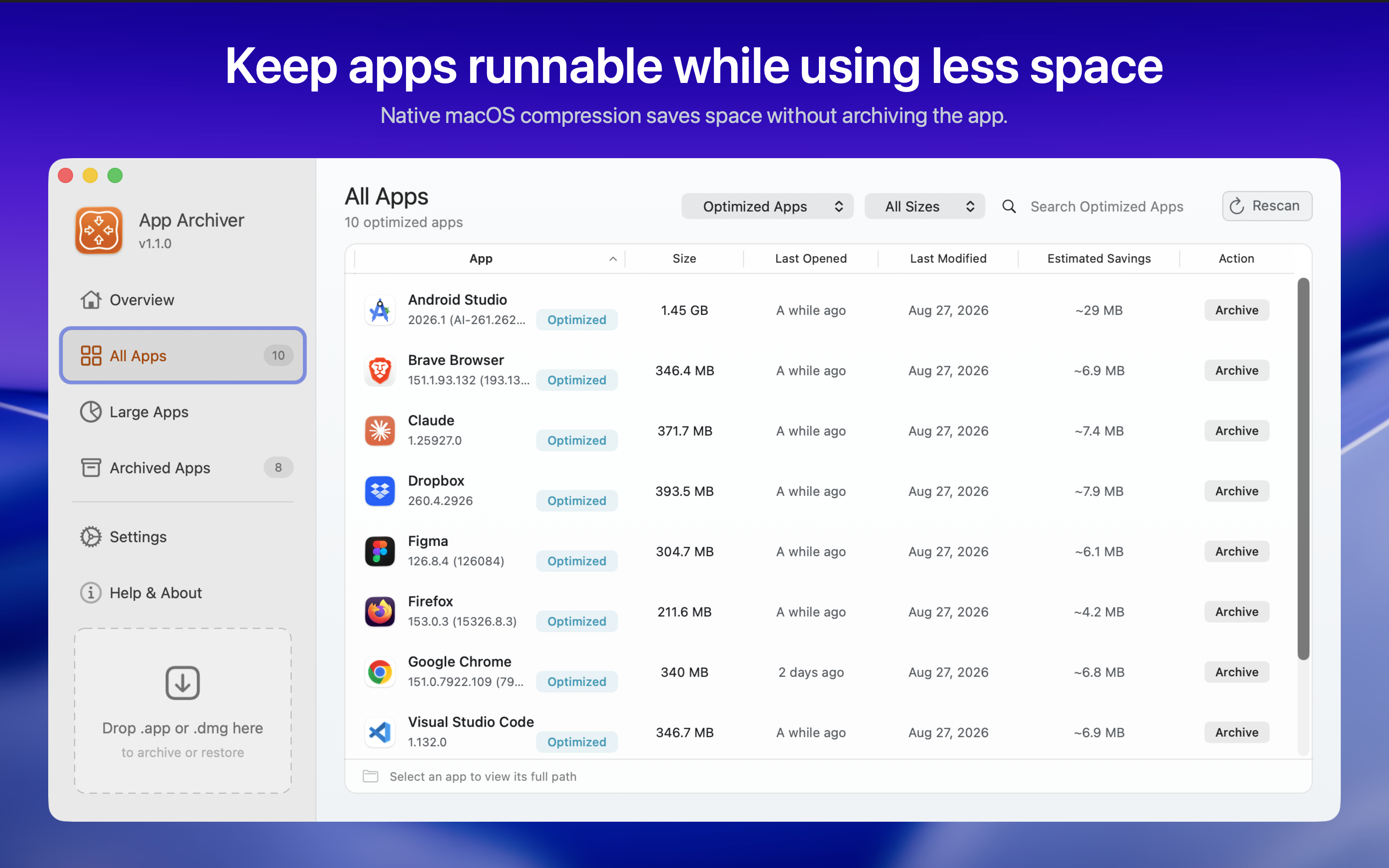 Optimized Apps list showing compressed apps that remain runnable