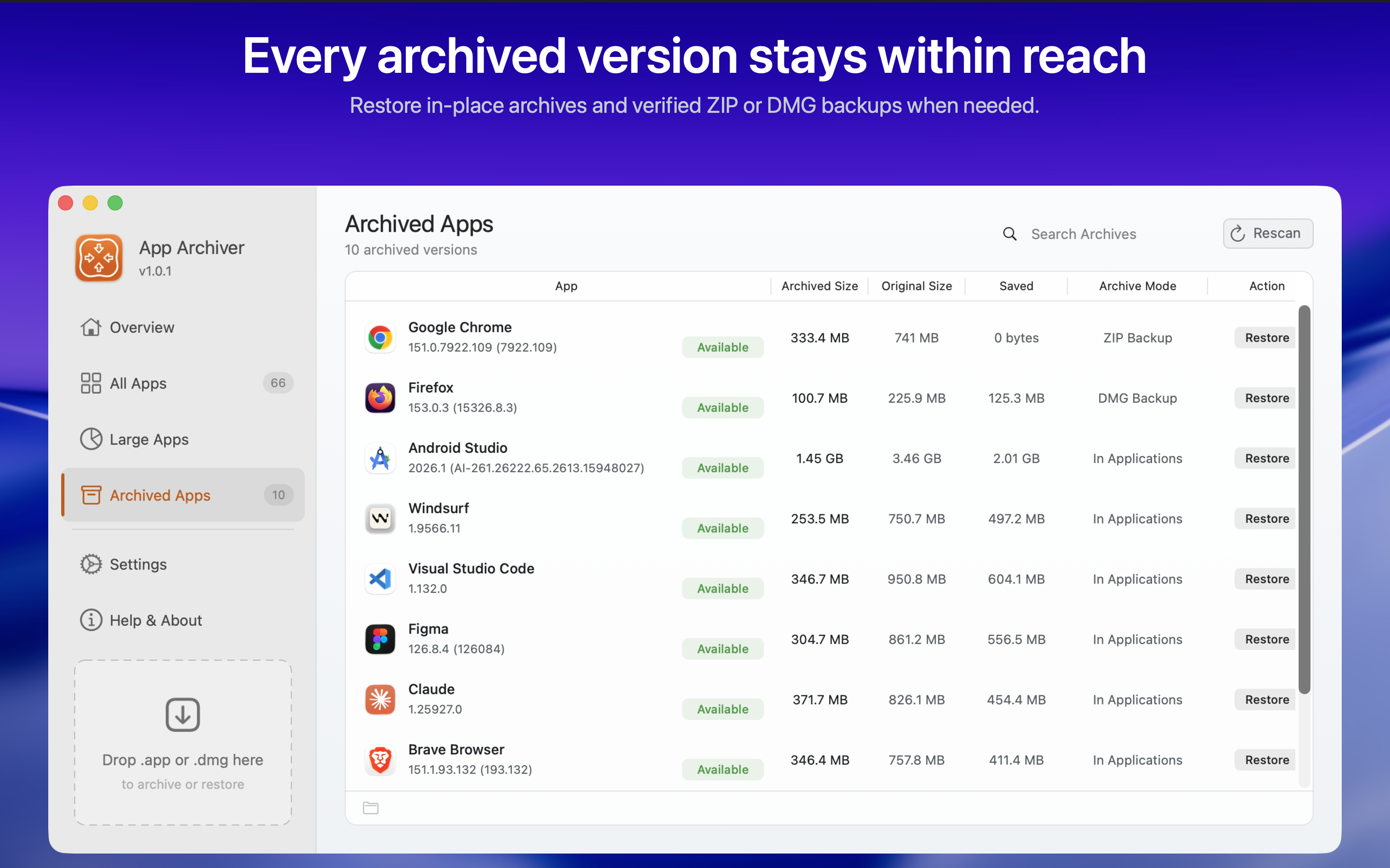 Archived Apps view listing in-place archives and verified ZIP or DMG backups ready to restore