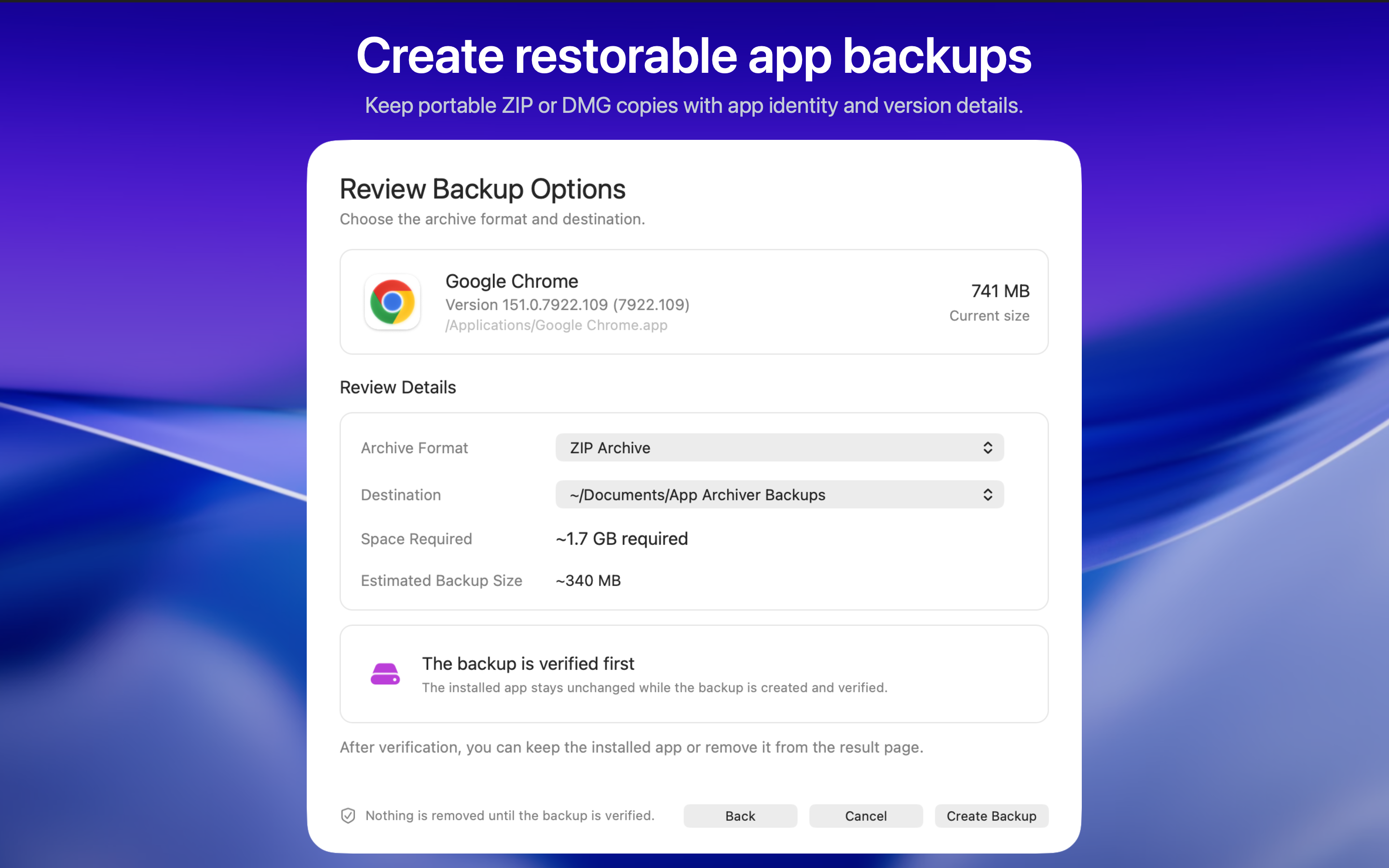 Review Backup Options screen for creating a verified ZIP or DMG app backup