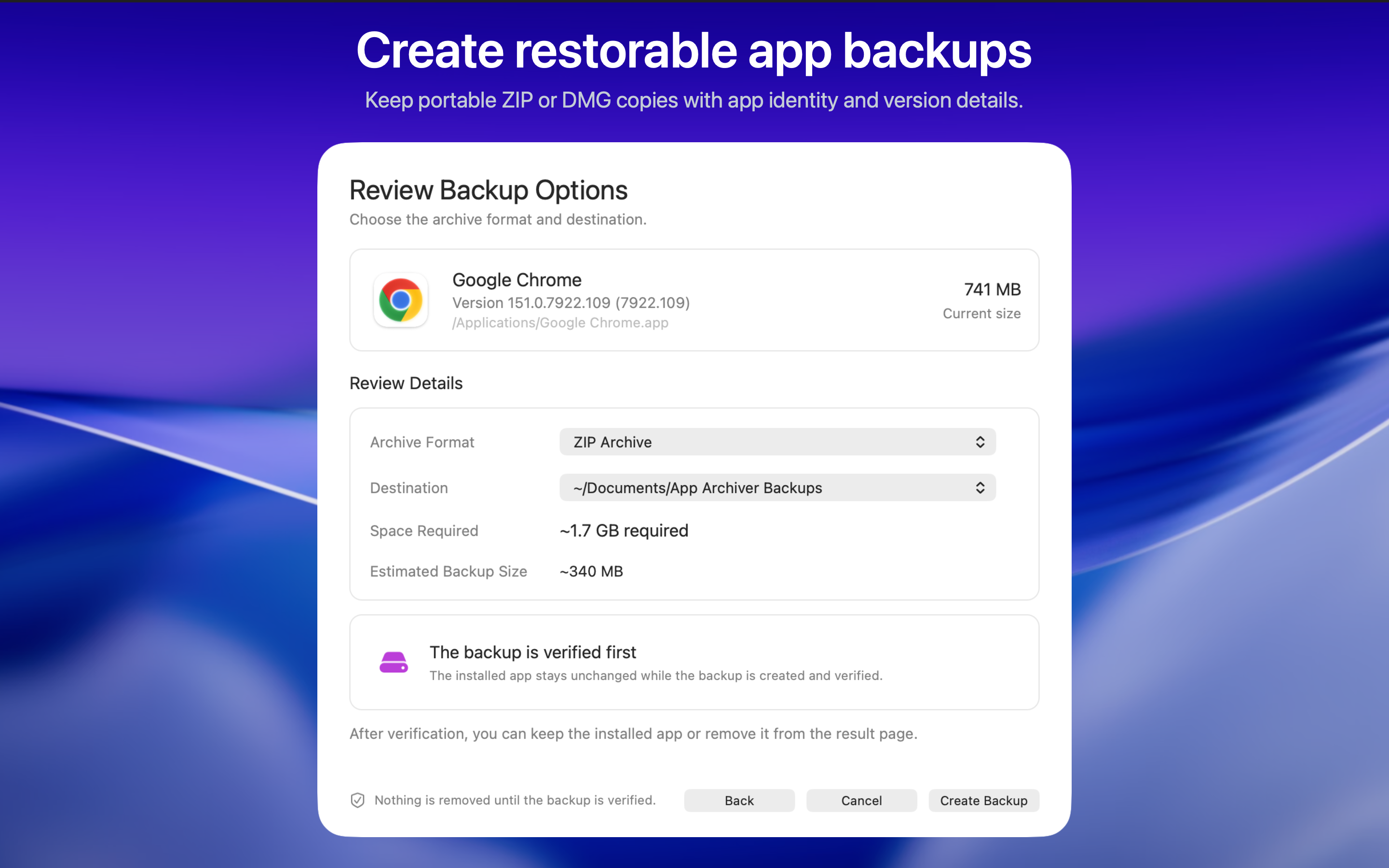 Review Backup Options screen for creating a verified ZIP or DMG app backup