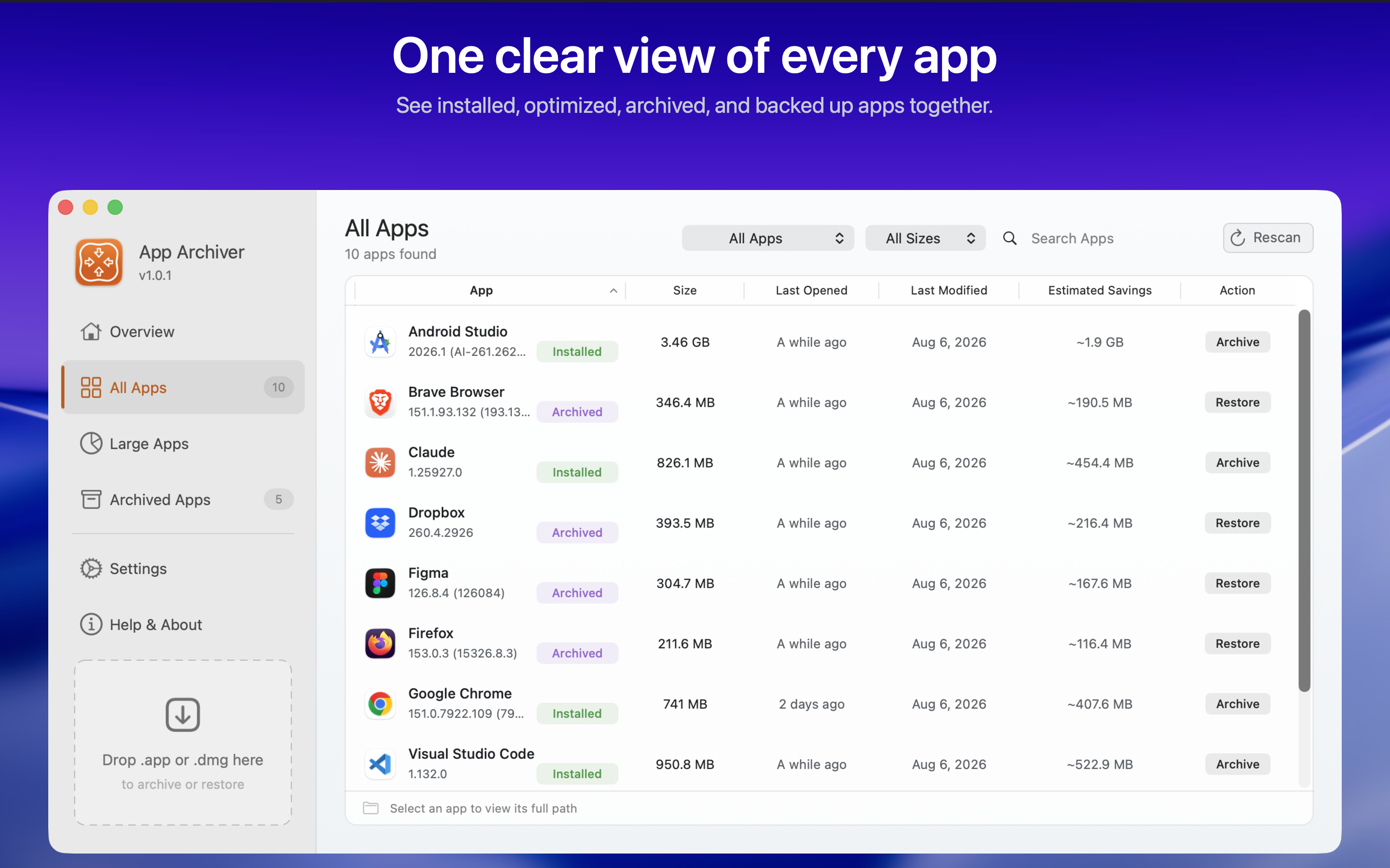 All Apps view showing installed, optimized, archived, and backed-up apps together
