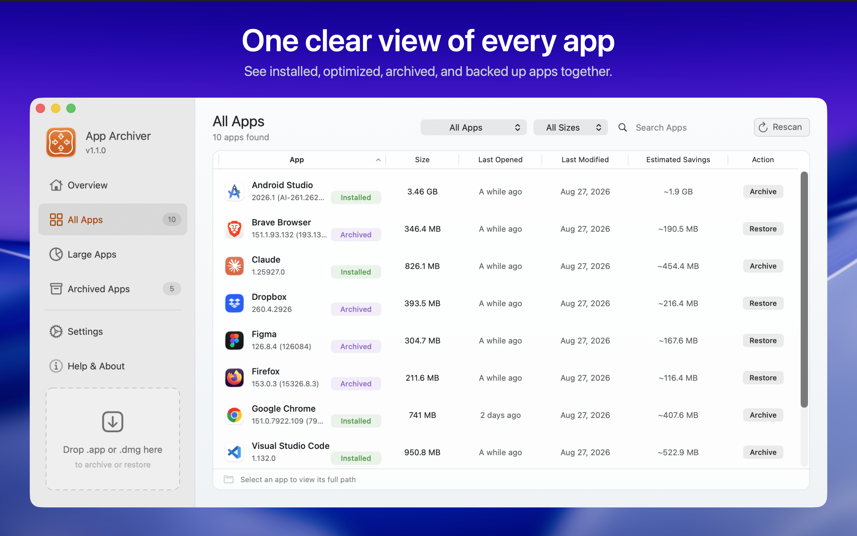All Apps view showing installed, optimized, archived, and backed-up apps together